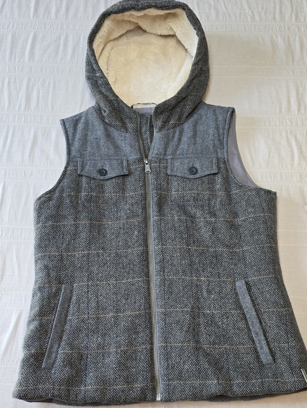 Prana Ava Herringbone Wool Blend Plaid Zip Hoodie Vest Size Medium